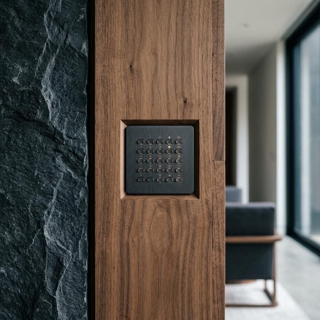Wall-mounted keypad integrated into a wood panel beside a dark stone finish in a modern interior