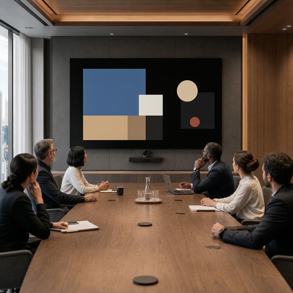Professionals collaborating around an executive boardroom table facing an abstract display and integrated conferencing camera