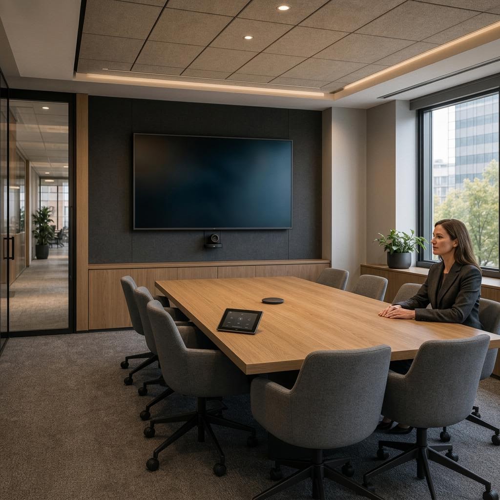 Eight-seat conference room with a centered wall display, integrated camera, acoustic ceiling, and tabletop touch controller