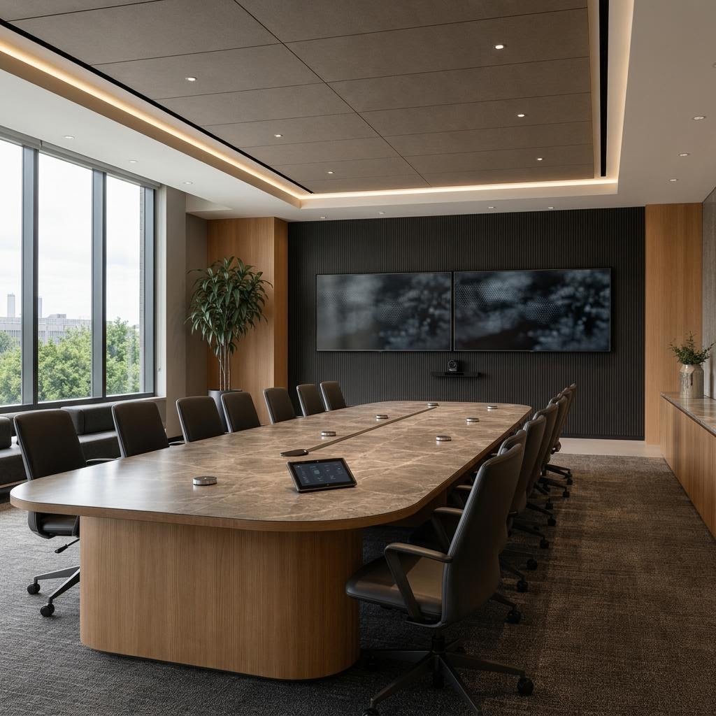 Large executive boardroom with dual wall displays, discreet table microphones, acoustic treatment, and a touch controller