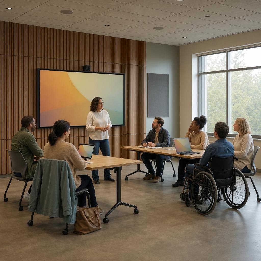 Inclusive classroom with a teacher, adult learners, accessible seating, acoustic treatment, and an interactive display