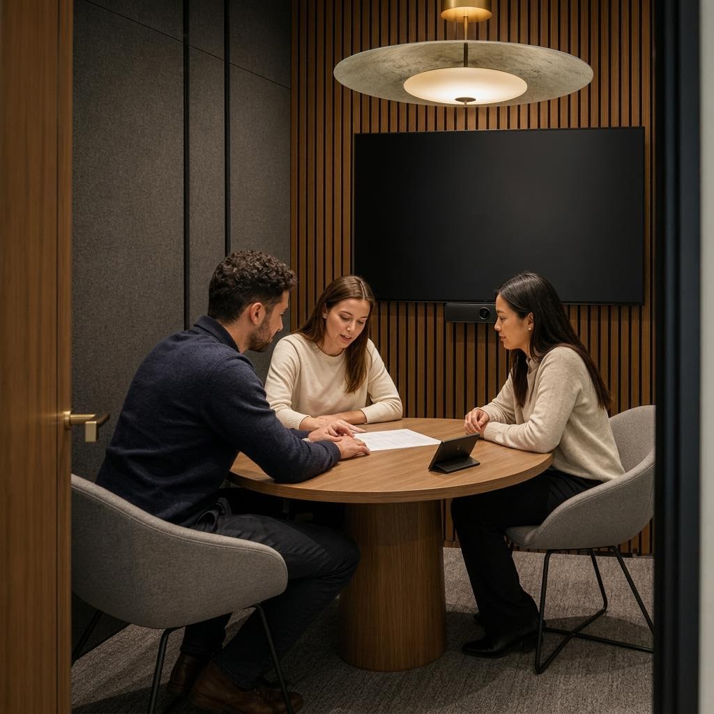Three people collaborating in a compact huddle room with a wall display, integrated camera bar, and concealed technology