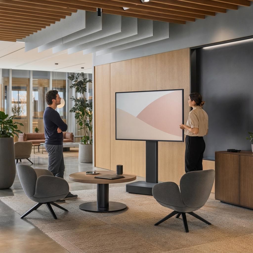 Open collaboration area with a mobile display, writable wall, lounge seating, acoustic ceiling baffles, and two colleagues