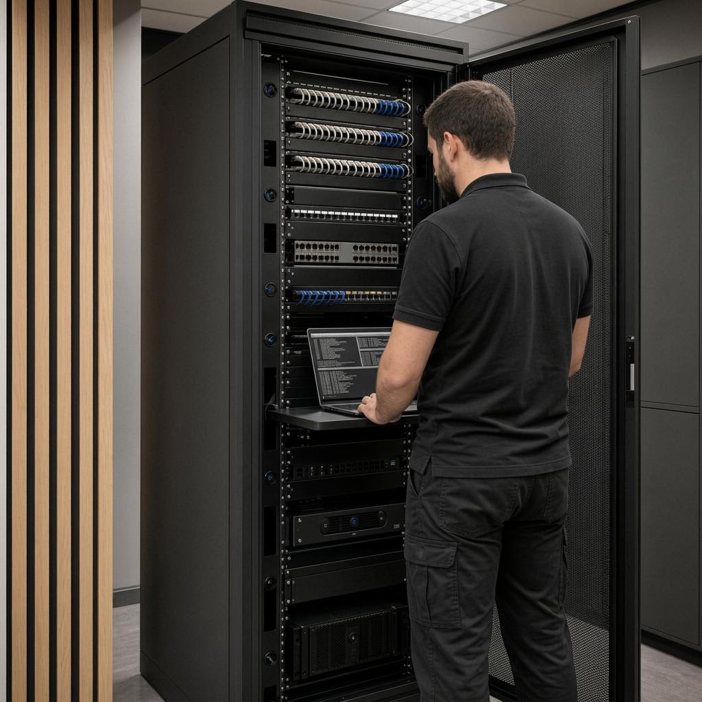 Technician inspecting an organized commercial AV rack with patch panels, managed cabling, and a service laptop