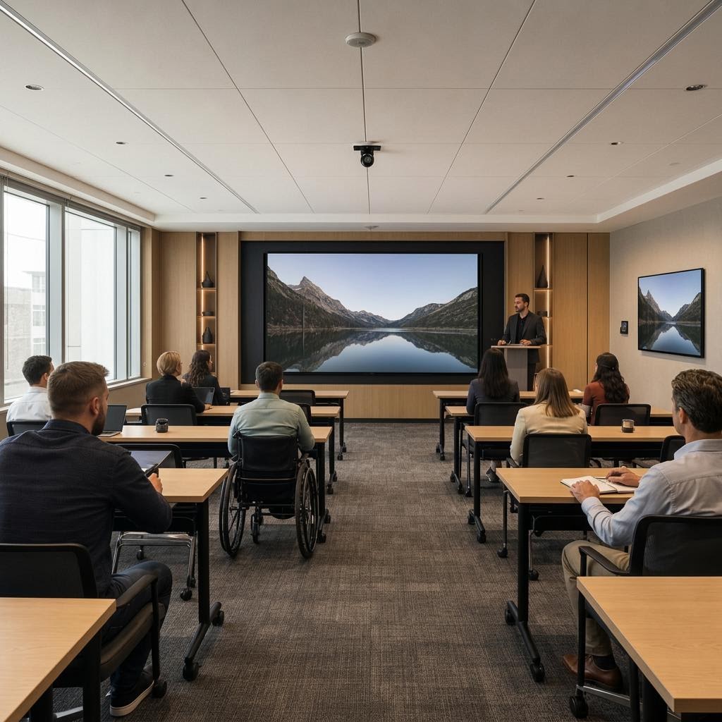 Flexible training room with rows of tables, a presenter, large display, confidence screen, tracking camera, and accessible aisle