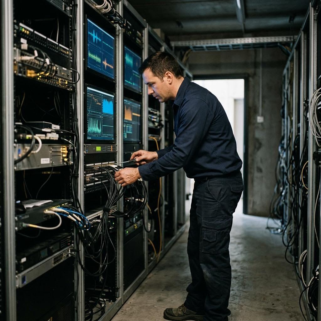Technician working at equipment racks with diagnostic displays