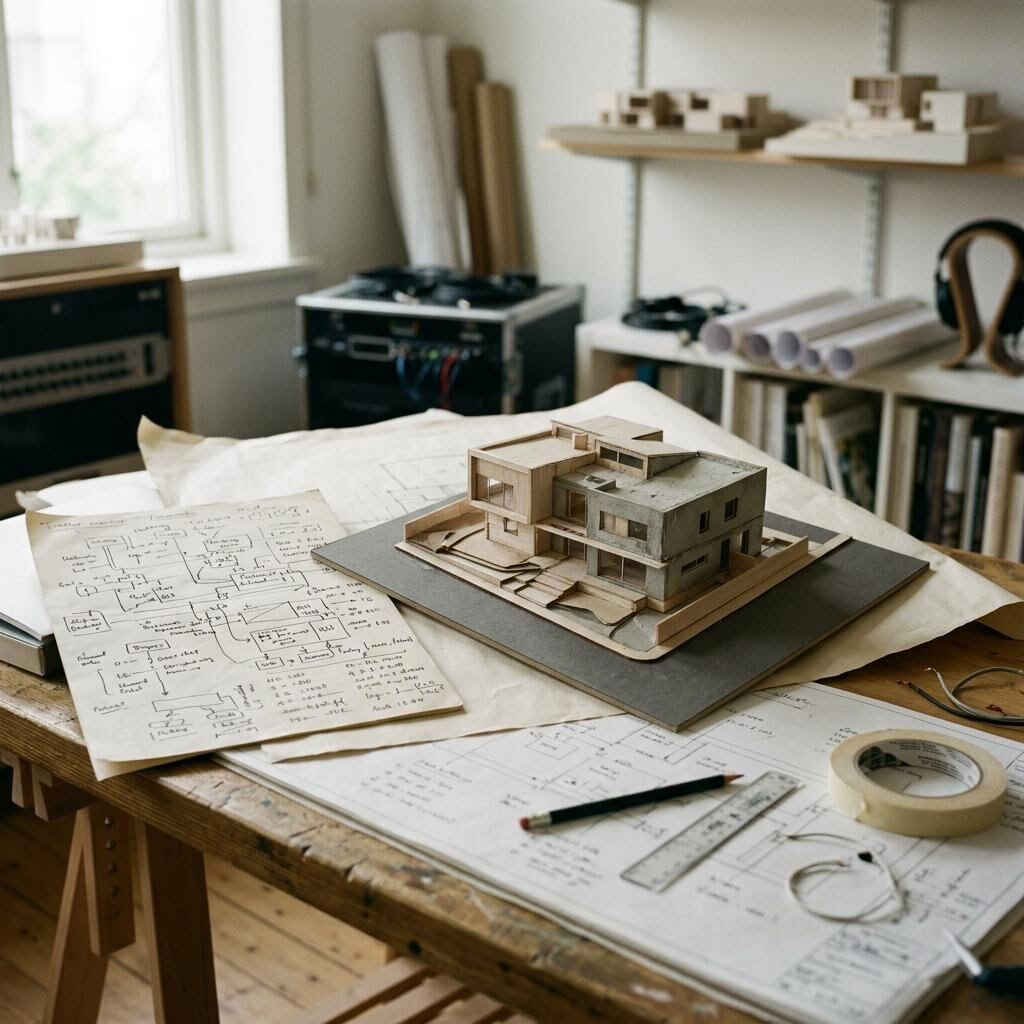 Architectural model and control notes showing a quiet technology concept