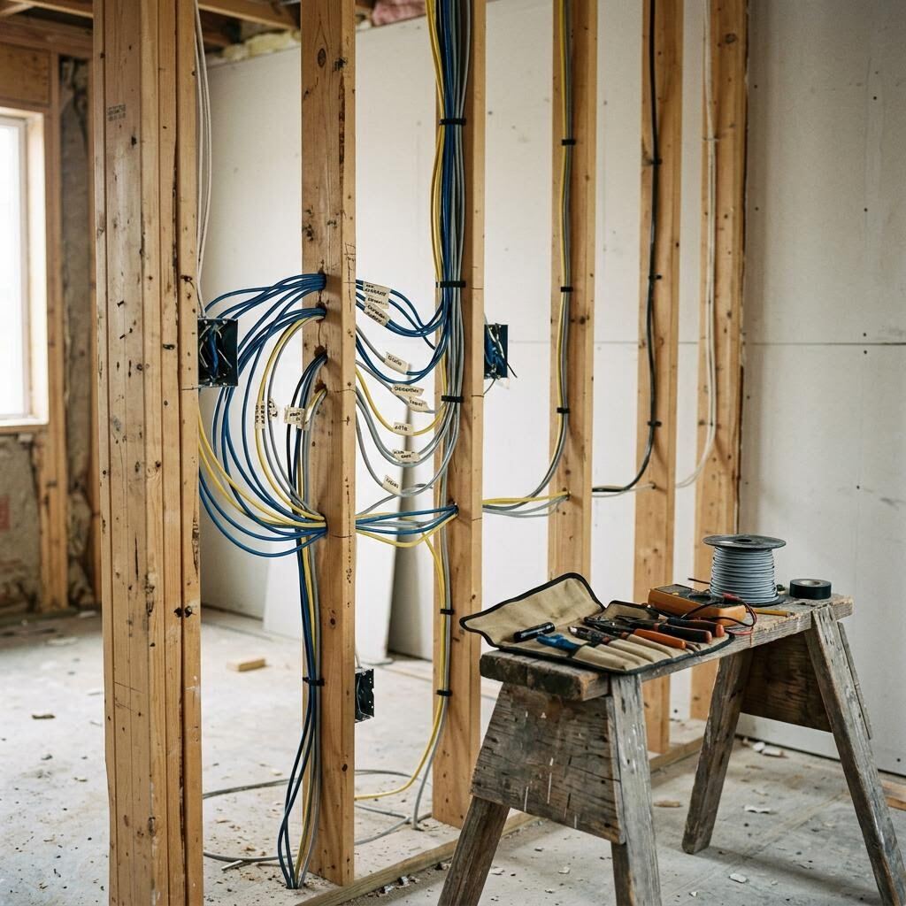 Construction-stage wall with labeled low-voltage pathways and tools