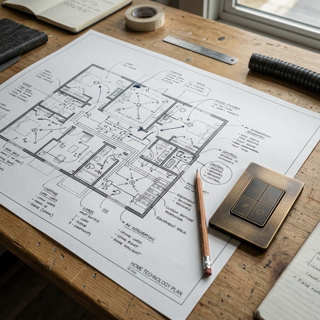 Home technology plan with lighting and control notes on a work surface