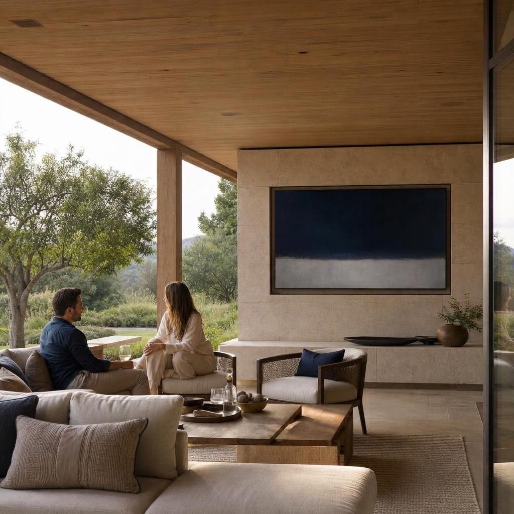 Two people relaxing on a covered patio with a recessed weather-rated display and integrated audio