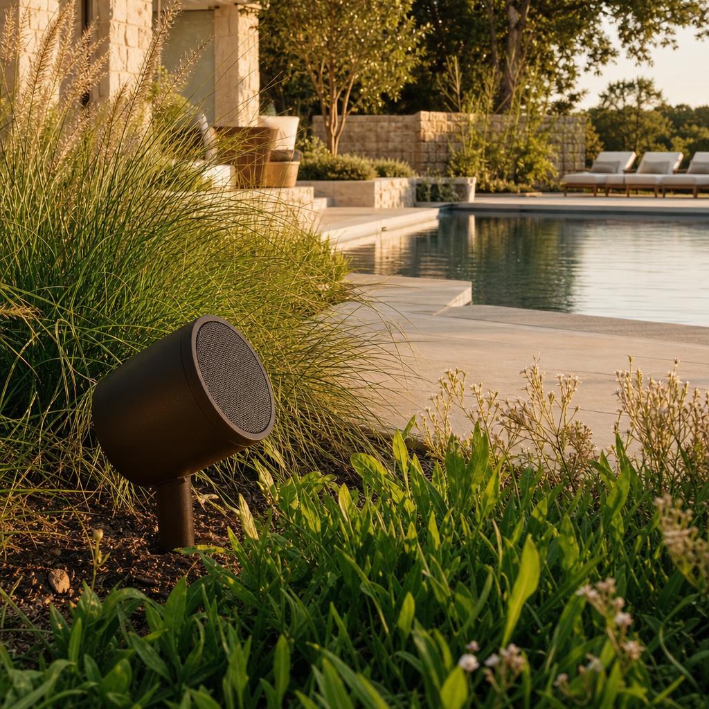 Weatherproof landscape speaker integrated into ornamental planting beside a finished pool