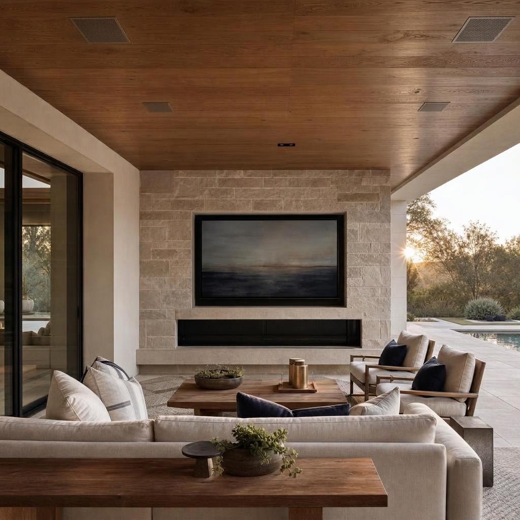 Covered stone terrace with a weather-rated display recessed beneath a deep overhang and audio integrated into the soffit