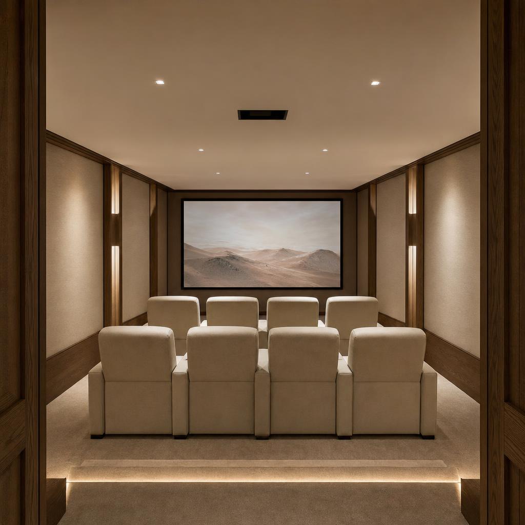 Finished home cinema with two aligned rows of upholstered seating, a centered screen, and acoustic wall panels
