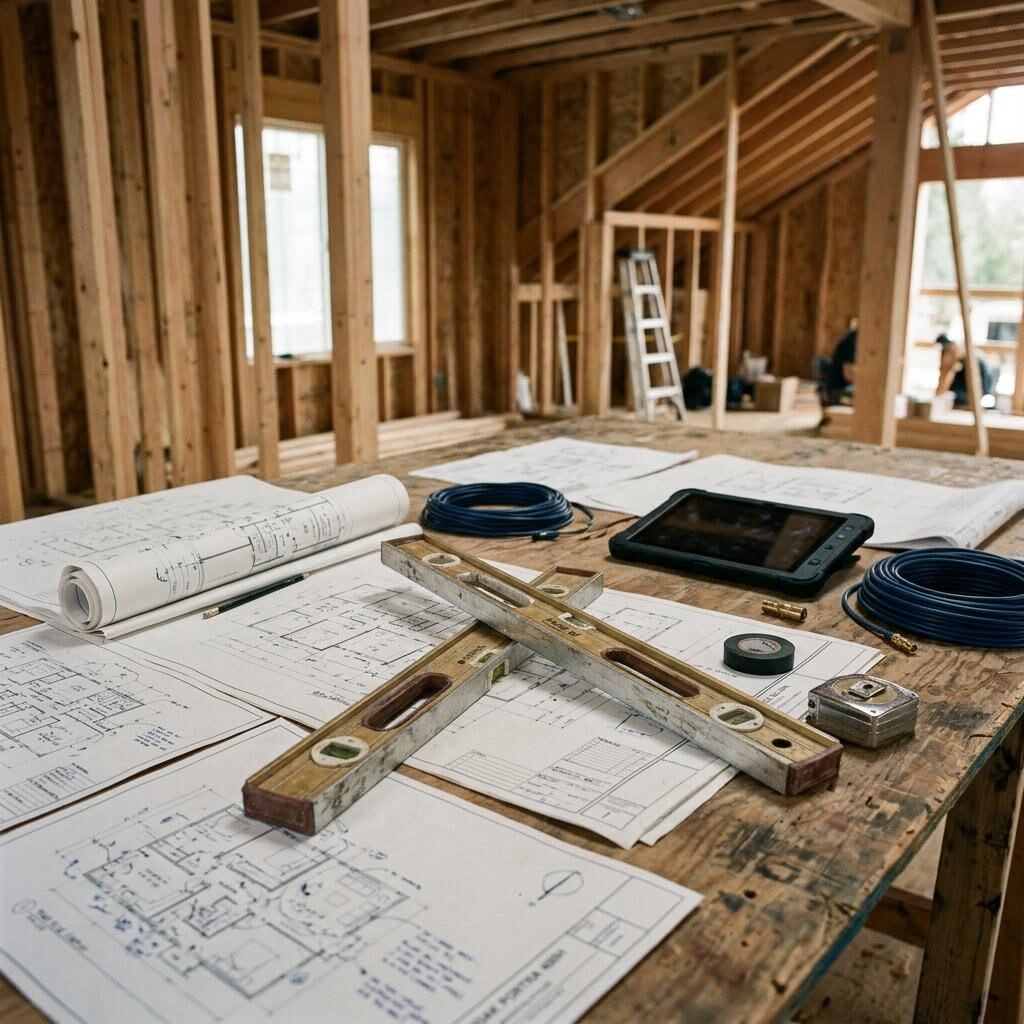 Construction planning scene with framing, a level, and coordinated building plans