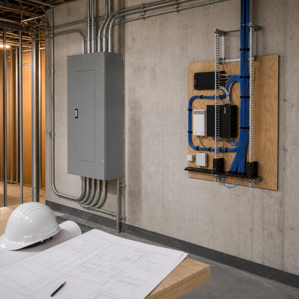 Closed electrical panel and separately routed low-voltage cabling beside coordinated construction plans