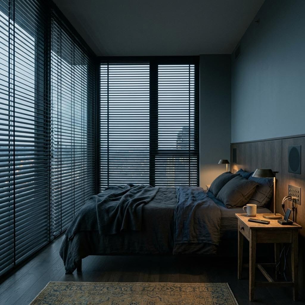 Bedroom with dark horizontal blinds covering a wall of windows