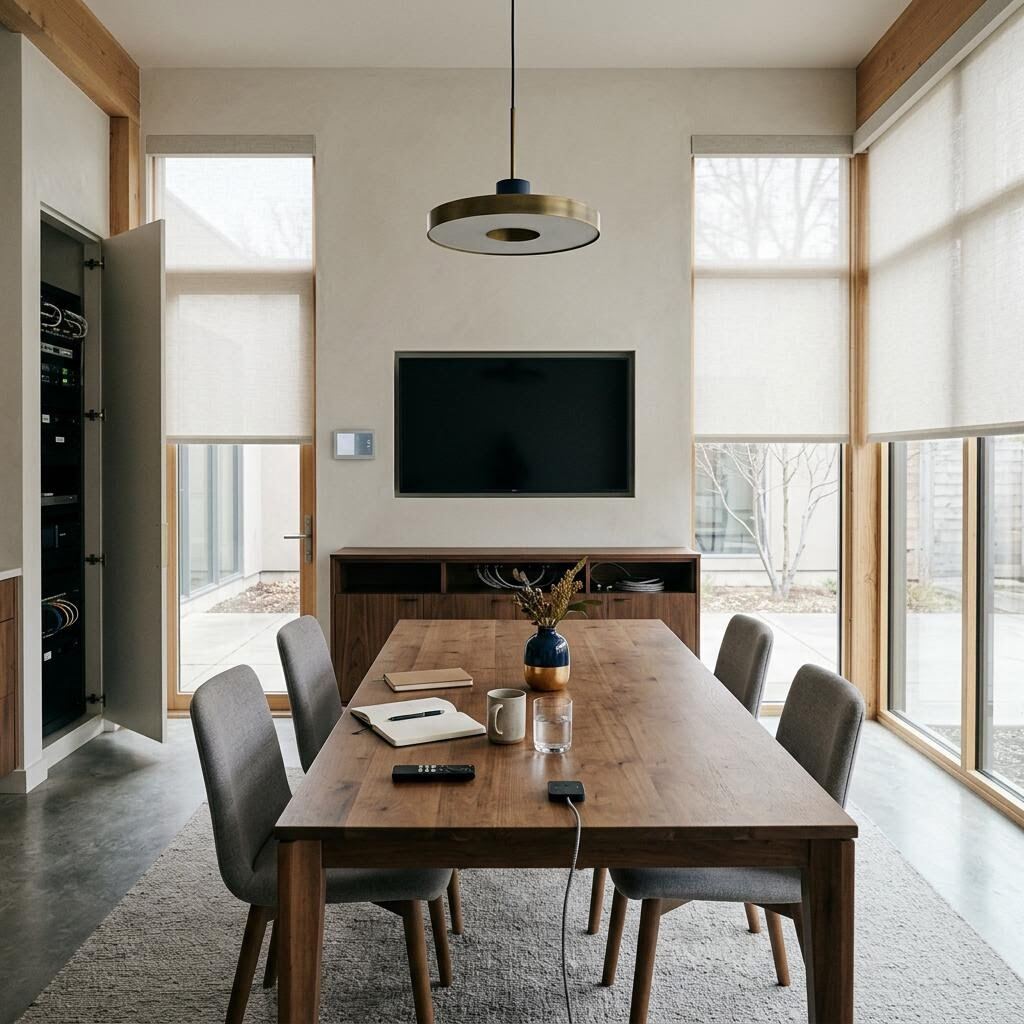 Dining area with white roller shades lowered across windows on three walls