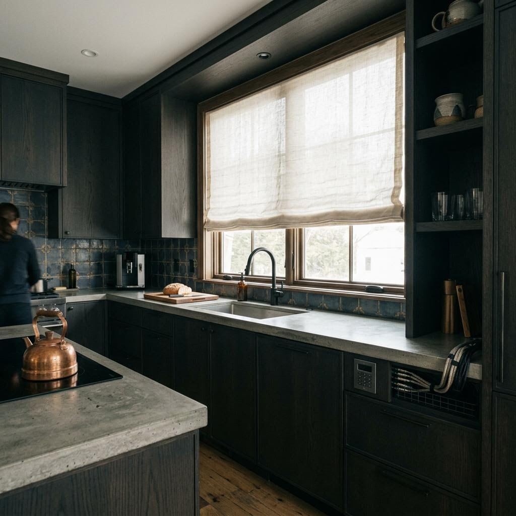 Kitchen with a white roller shade lowered above the sink between dark cabinets