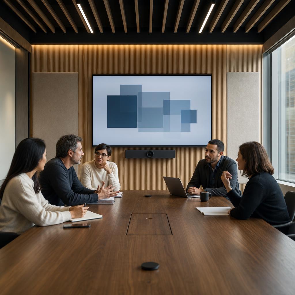 Colleagues gathered at a long wood boardroom table facing a centered display and integrated conferencing camera