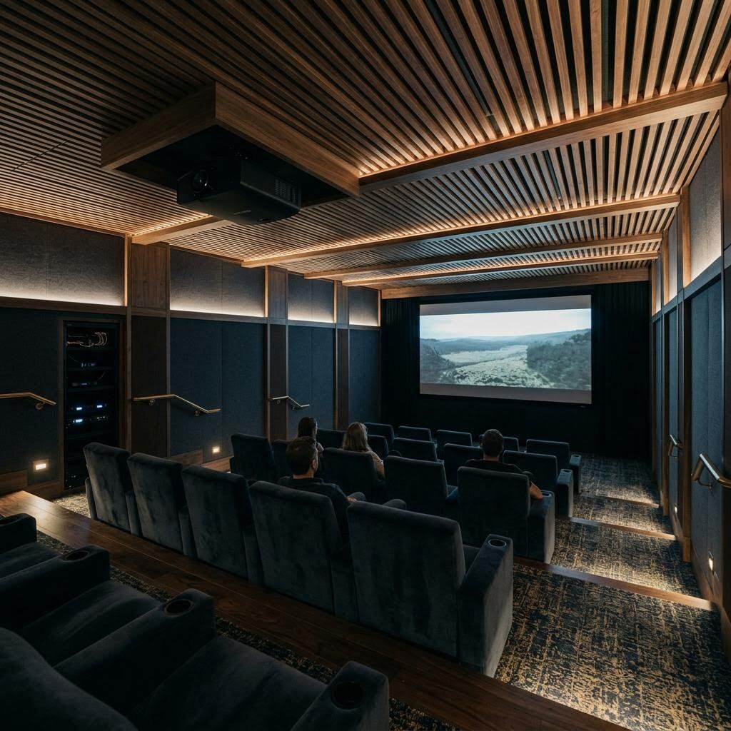 Private cinema with a large projection screen, slatted ceiling, and upholstered seating